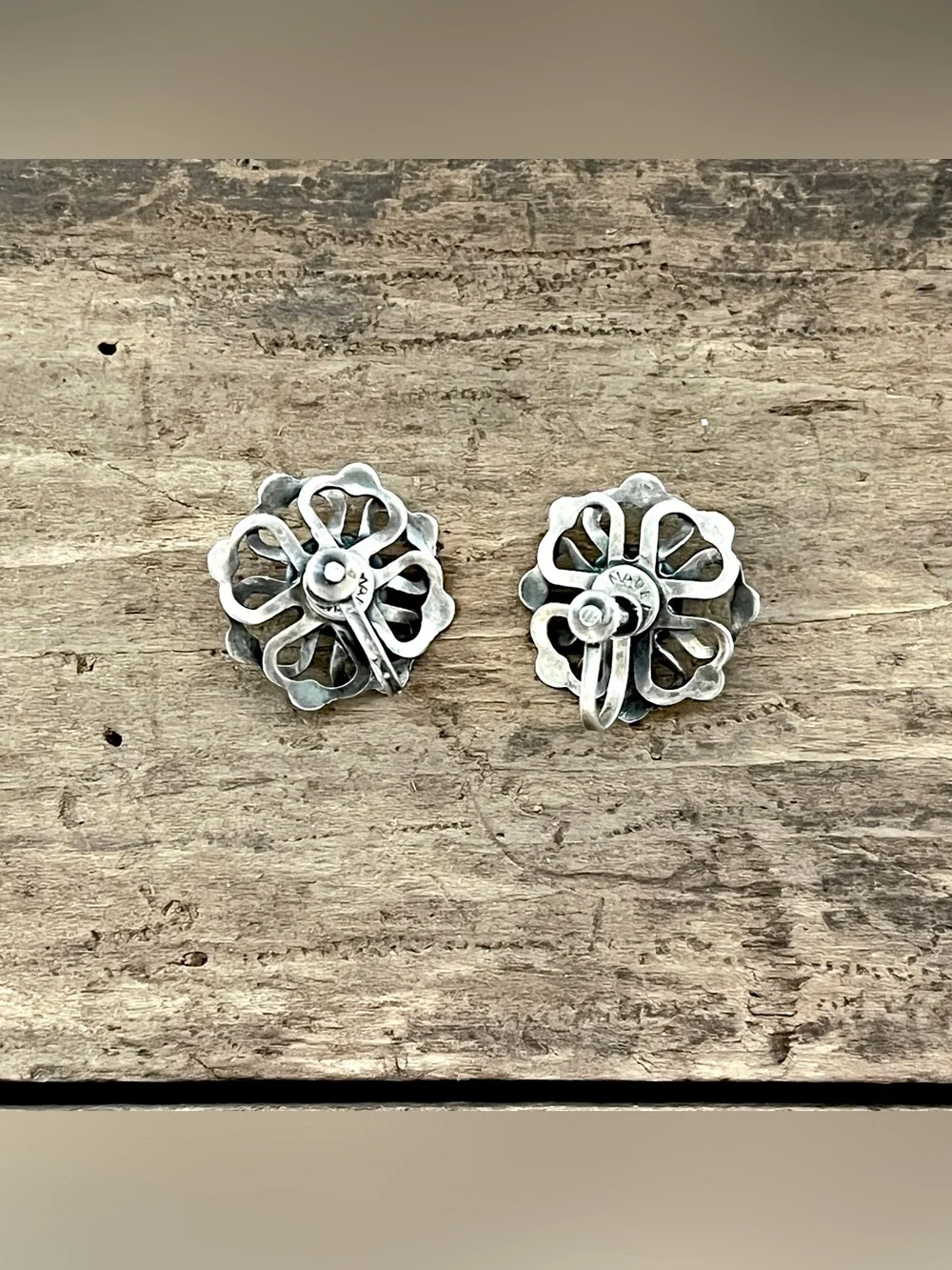 Vintage Mexican Sterling Silver Turquoise Flower Screw Back Earrings 1 inch